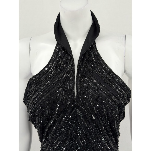 Adrianna Papell Dress Womens 6 Petite Black Sequin Halter Gown Evening Beaded - Picture 2 of 15